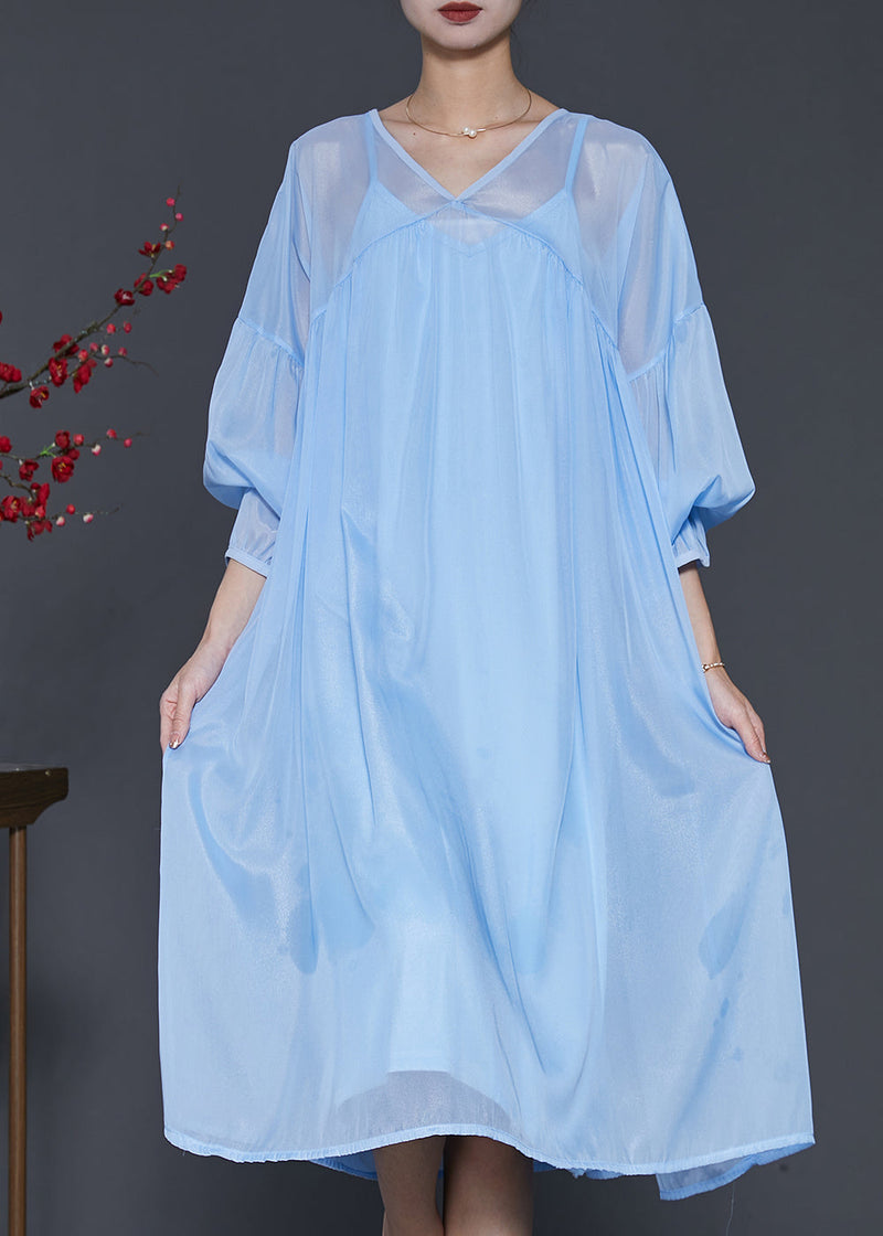 Lake Blue Draping Chiffon Dress Two Piece Set Lantern Sleeve