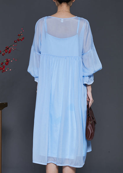 Lake Blue Draping Chiffon Dress Two Piece Set Lantern Sleeve