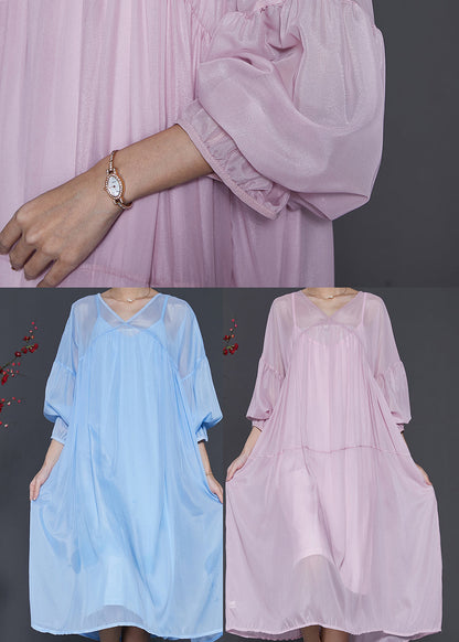 Lake Blue Draping Chiffon Dress Two Piece Set Lantern Sleeve