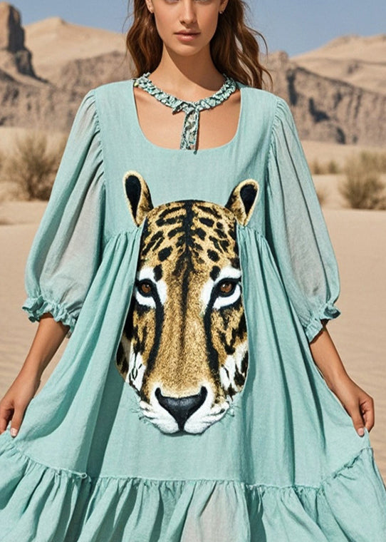 Lake Green Oversized Print Cotton Long Dresses Summer