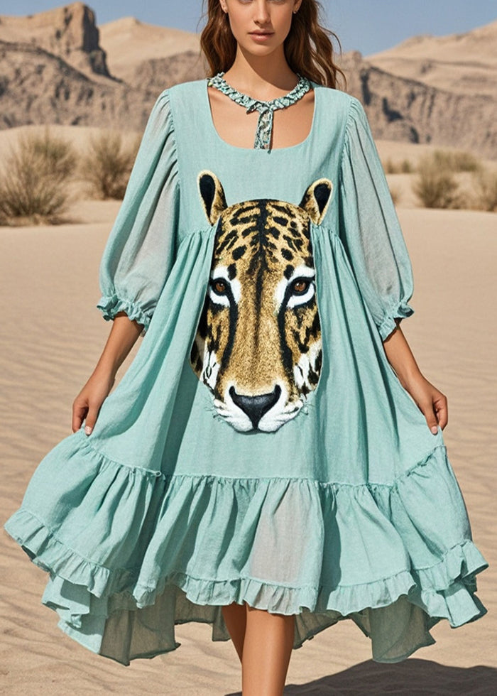 Lake Green Oversized Print Cotton Long Dresses Summer