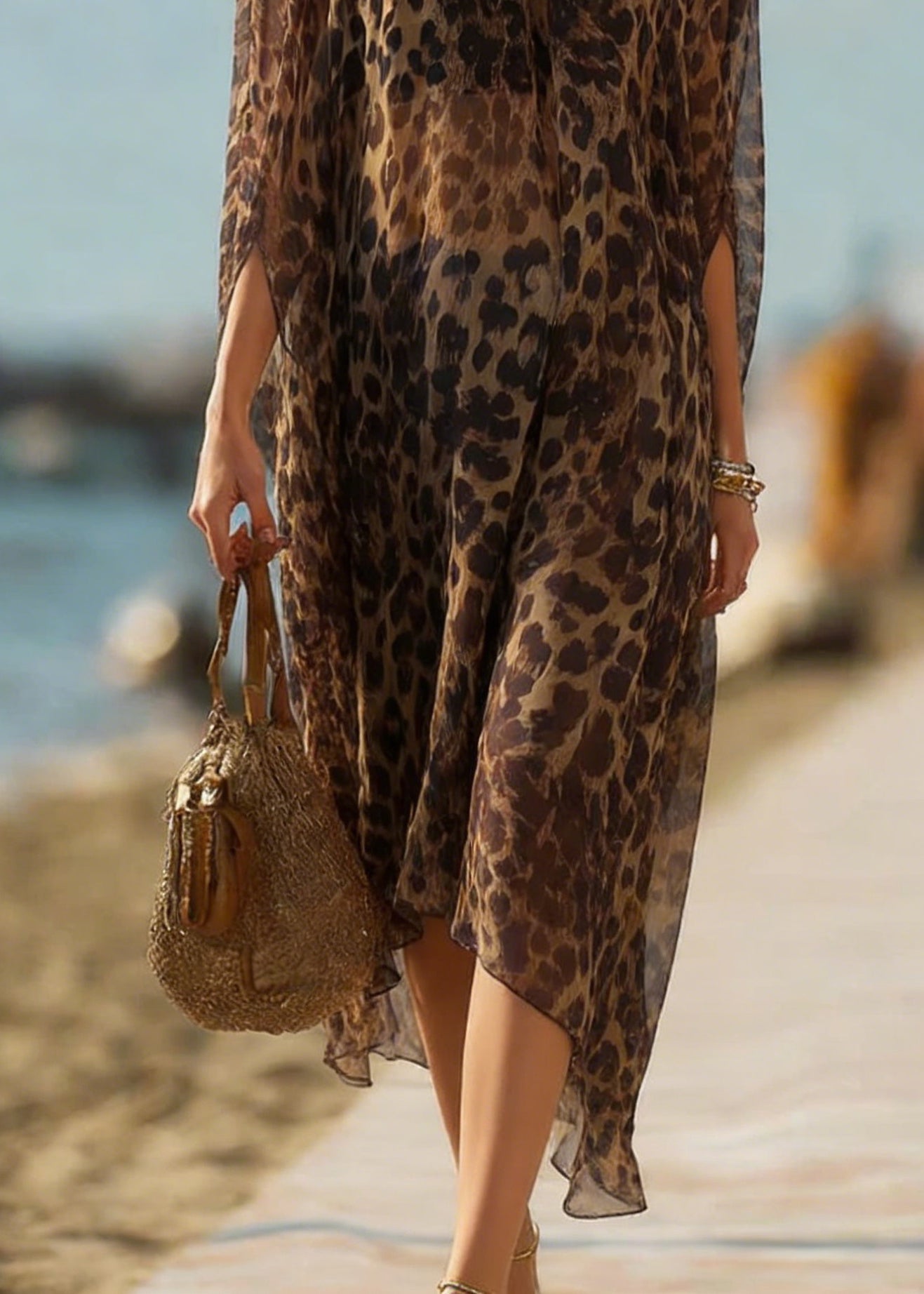 Leopard Slash Neck Silk Dresses Batwing Sleeve