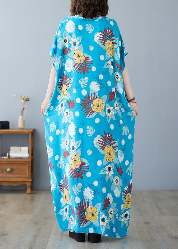 Light Blue O-neck Print Cotton Maxi Dresses Summer