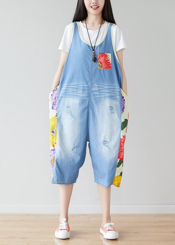 Light Blue Oversized Patchwork Print Cotton Denim Jumpsuits Summer