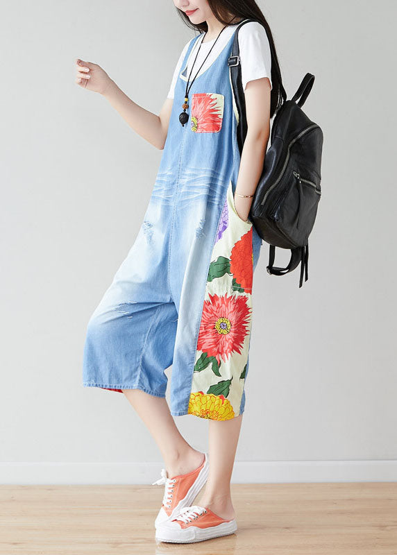 Light Blue Oversized Patchwork Print Cotton Denim Jumpsuits Summer