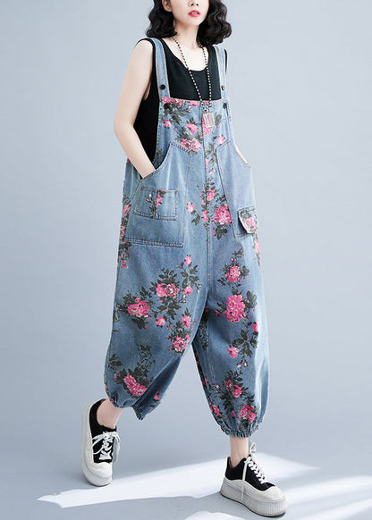 Light Blue Oversized Print Pockets Denim Jumpsuits Summer