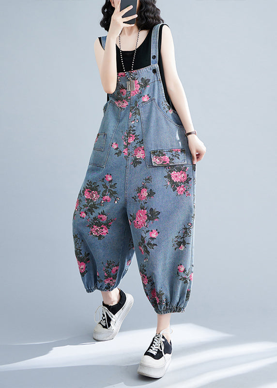Light Blue Oversized Print Pockets Denim Jumpsuits Summer