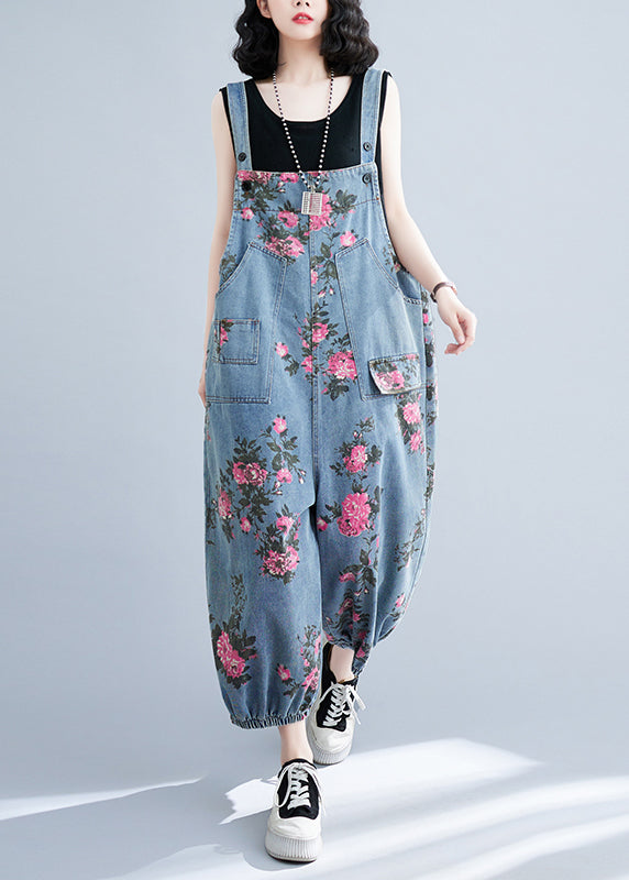 Light Blue Oversized Print Pockets Denim Jumpsuits Summer