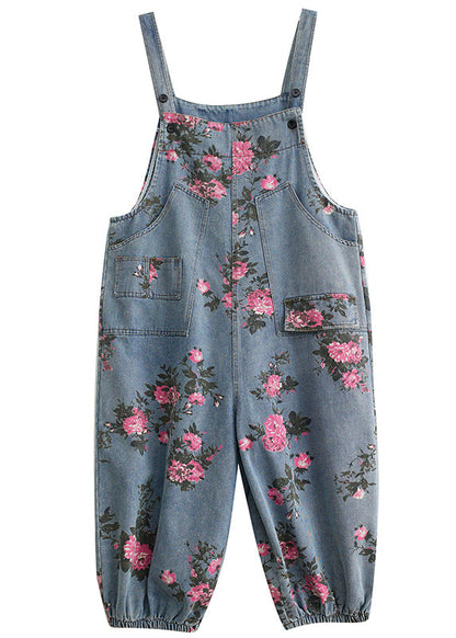 Light Blue Oversized Print Pockets Denim Jumpsuits Summer
