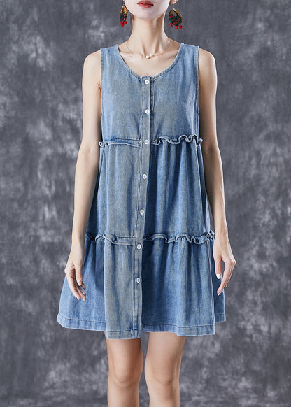 Light Blue Ruffled Patchwork Denim Mini Dresses Sleeveless