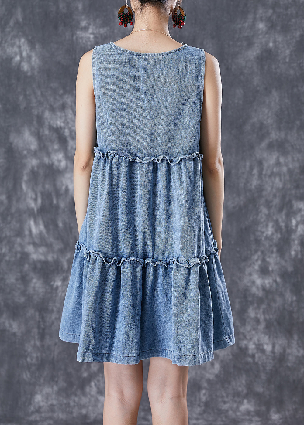 Light Blue Ruffled Patchwork Denim Mini Dresses Sleeveless