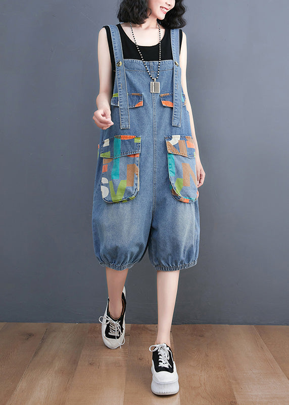 Light Blue Slash Neck Print Button Denim Jumpsuit Summer