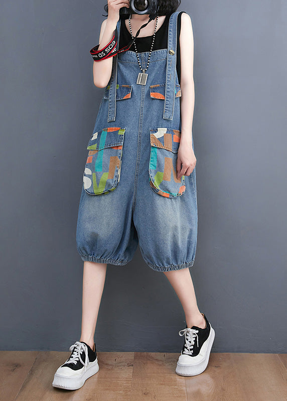 Light Blue Slash Neck Print Button Denim Jumpsuit Summer