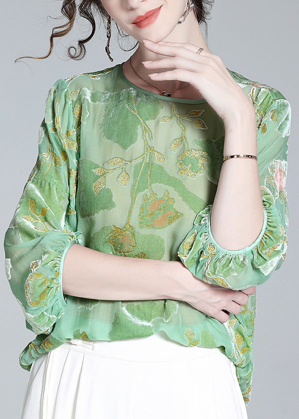 Light Green O-neck Print Velour Tops Long Sleeve