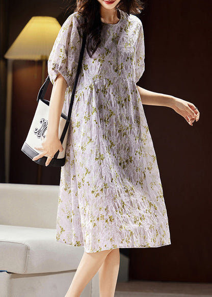 Light Purple Print Patchwork Cotton Holiday Long Dress Puff Sleeve