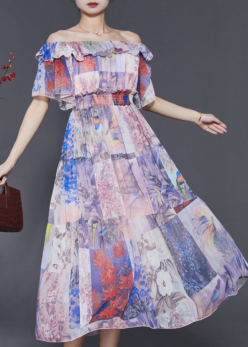 Light Purple Slash Neck Cinched Chiffon Holiday Dress Summer