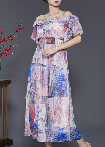 Light Purple Slash Neck Cinched Chiffon Holiday Dress Summer