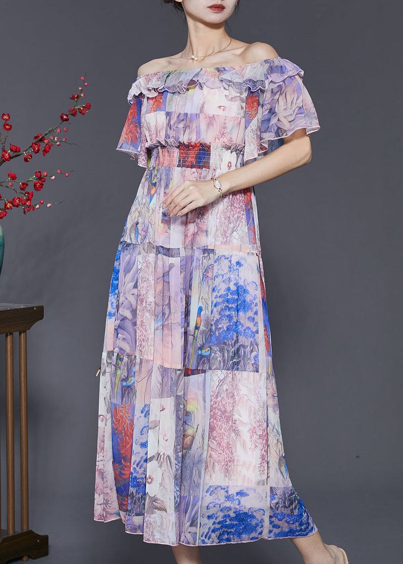 Light Purple Slash Neck Cinched Chiffon Holiday Dress Summer