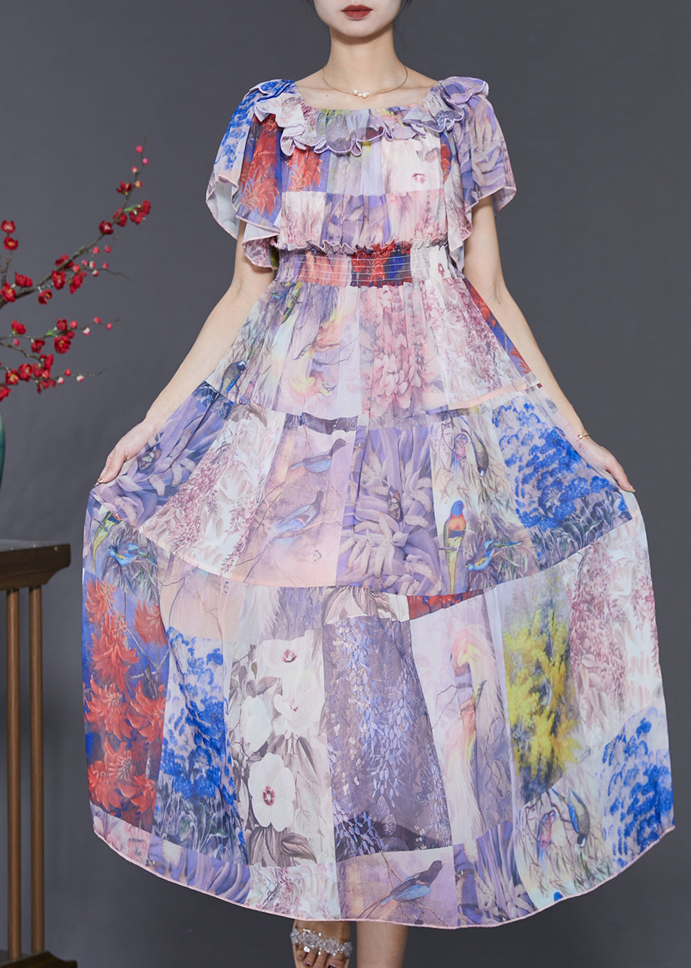 Light Purple Slash Neck Cinched Chiffon Holiday Dress Summer