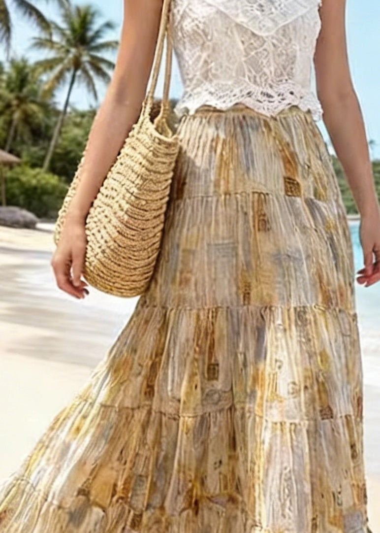 Light Yellow Wrinkled Print Patchwork Chiffon Skirts Summer