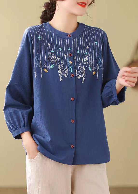 Loose Blue Embroidered Linen Blouses Long Sleeve