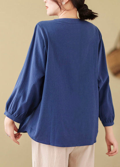 Loose Blue Embroidered Linen Blouses Long Sleeve