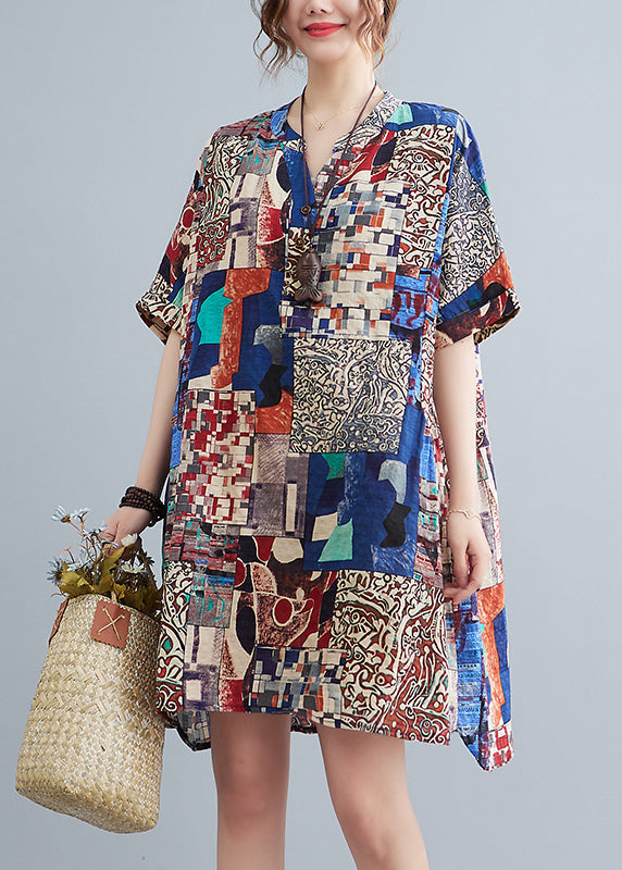 Loose Red V Neck Print Cotton Mid Dress Summer