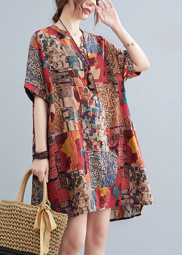 Loose Red V Neck Print Cotton Mid Dress Summer
