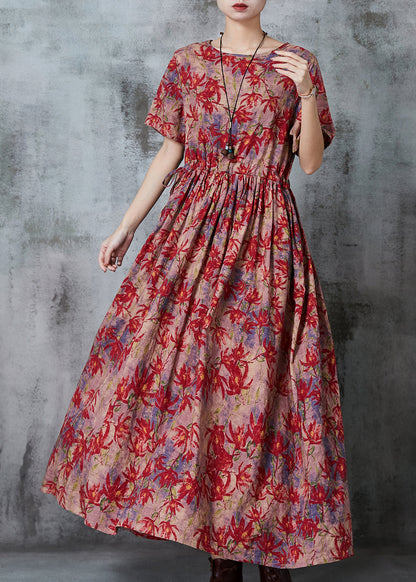Maple Leaves Print Linen Cinched Dress Summer