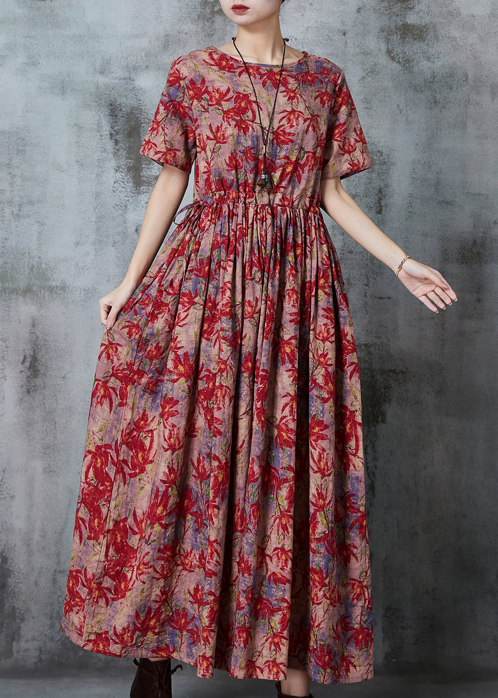 Maple Leaves Print Linen Cinched Dress Summer