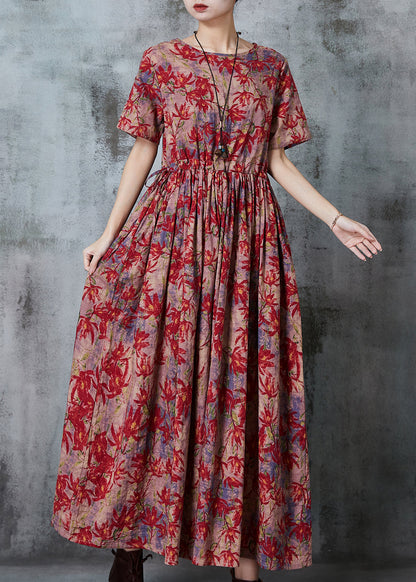 Maple Leaves Print Linen Cinched Dress Summer