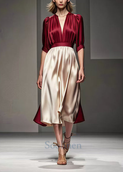 Mulberry Cinched Patchwork Silk Long Dress Summer
