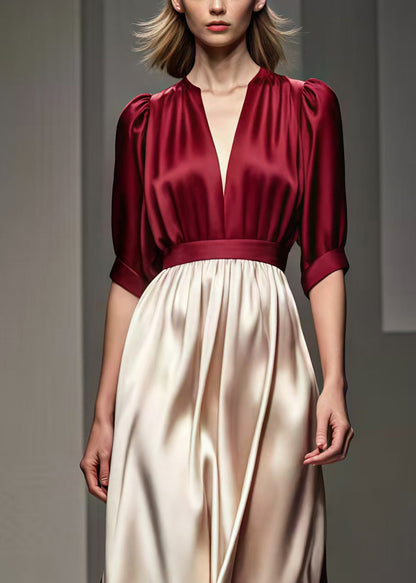 Mulberry Cinched Patchwork Silk Long Dress Summer