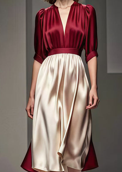 Mulberry Cinched Patchwork Silk Long Dress Summer