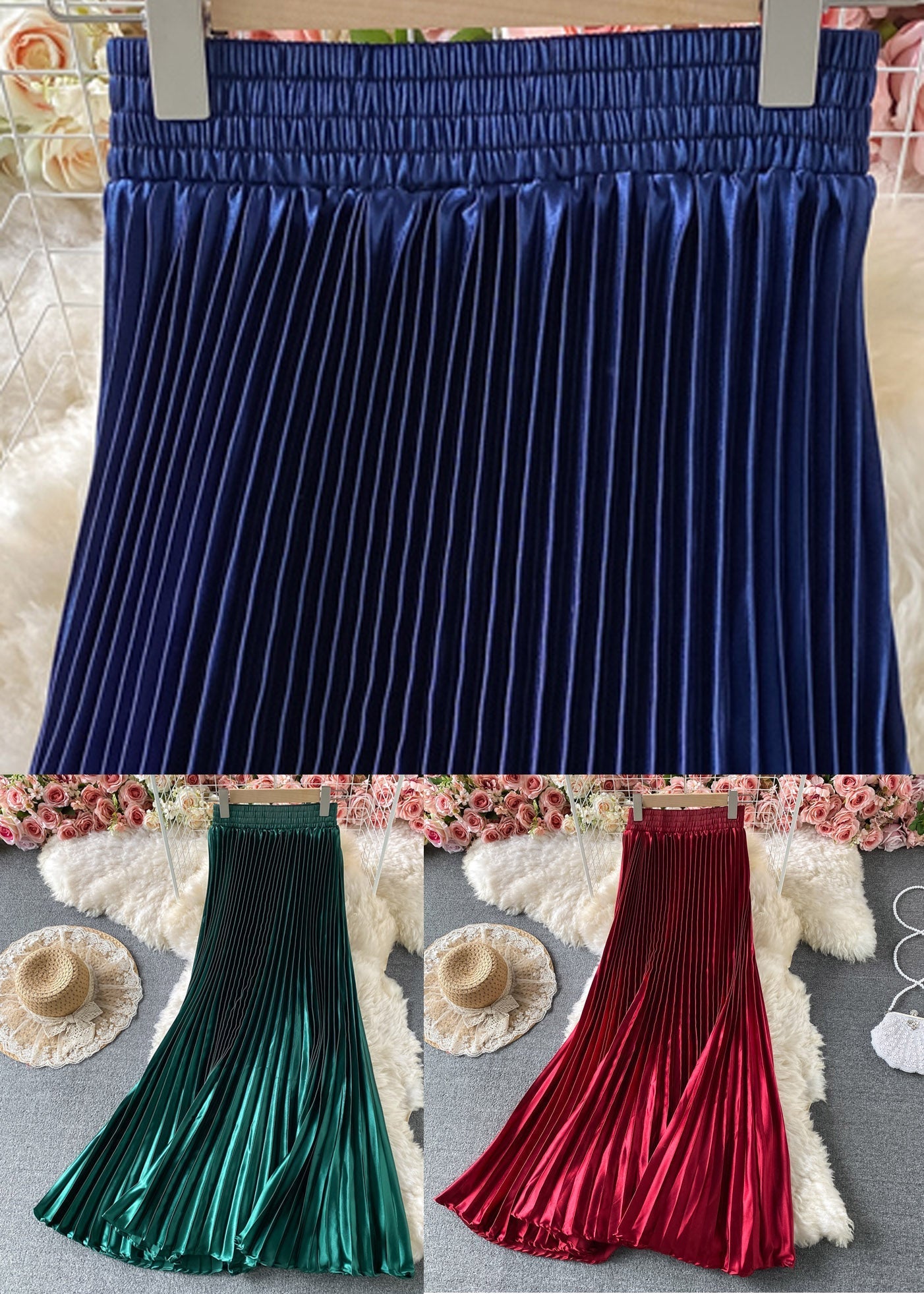 Mulberry Satin Elastic Waist Pleated Skirts Spring