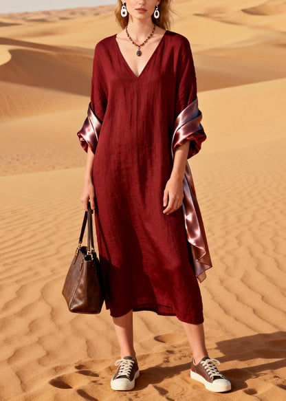 Mulberry V Neck Patchwork Cotton Maxi Dresses Summer
