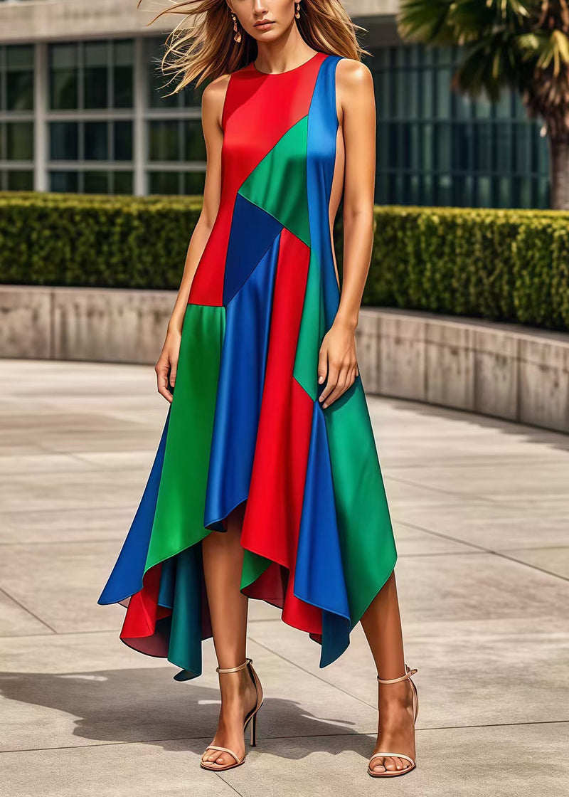 Multicolor Asymmetrical Patchwork Silk Maxi Dresses Summer
