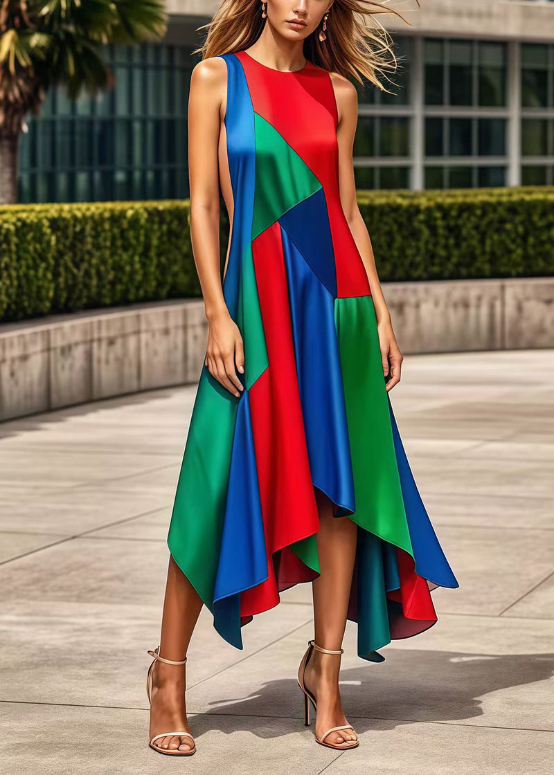 Multicolor Asymmetrical Patchwork Silk Maxi Dresses Summer