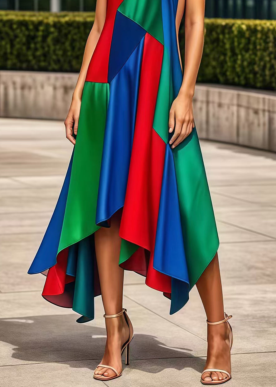 Multicolor Asymmetrical Patchwork Silk Maxi Dresses Summer