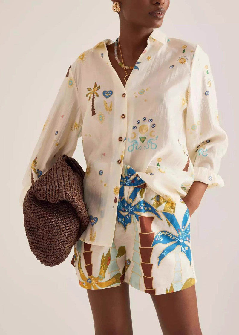 Multicolor Peter Pan Collar Print Shirts and Shorts Two Pieces Set Spring