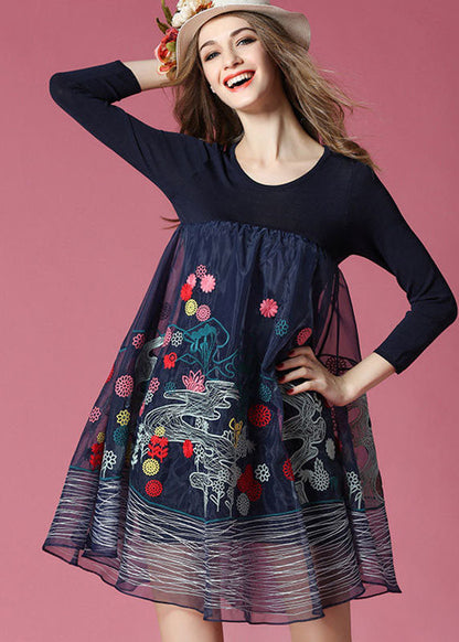 Navy Embroideried Patchwork Organza Holiday Dress Spring