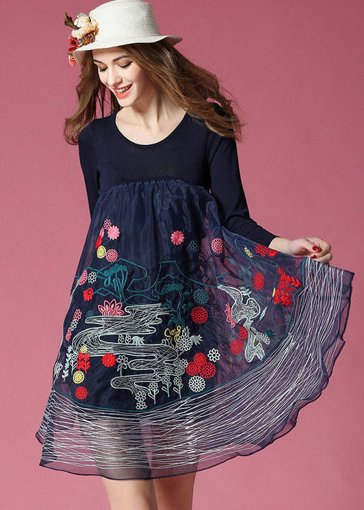 Navy Embroideried Patchwork Organza Holiday Dress Spring
