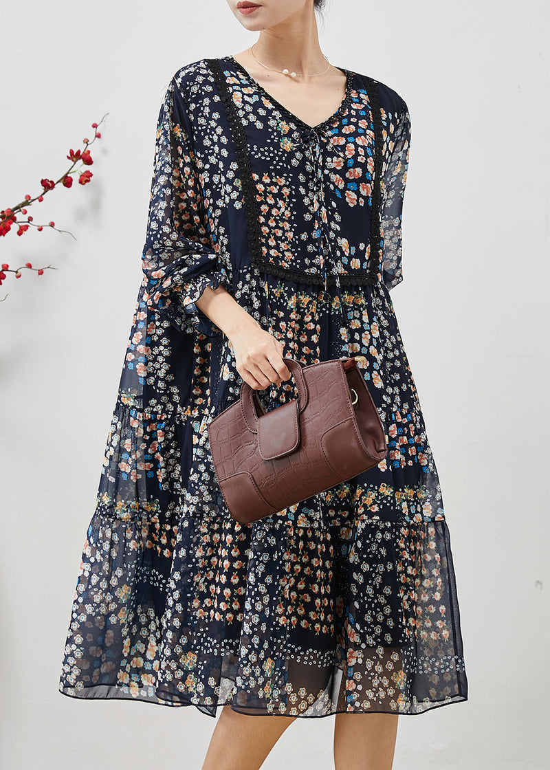 Navy Oversized Print Chiffon Mid Dress Summer