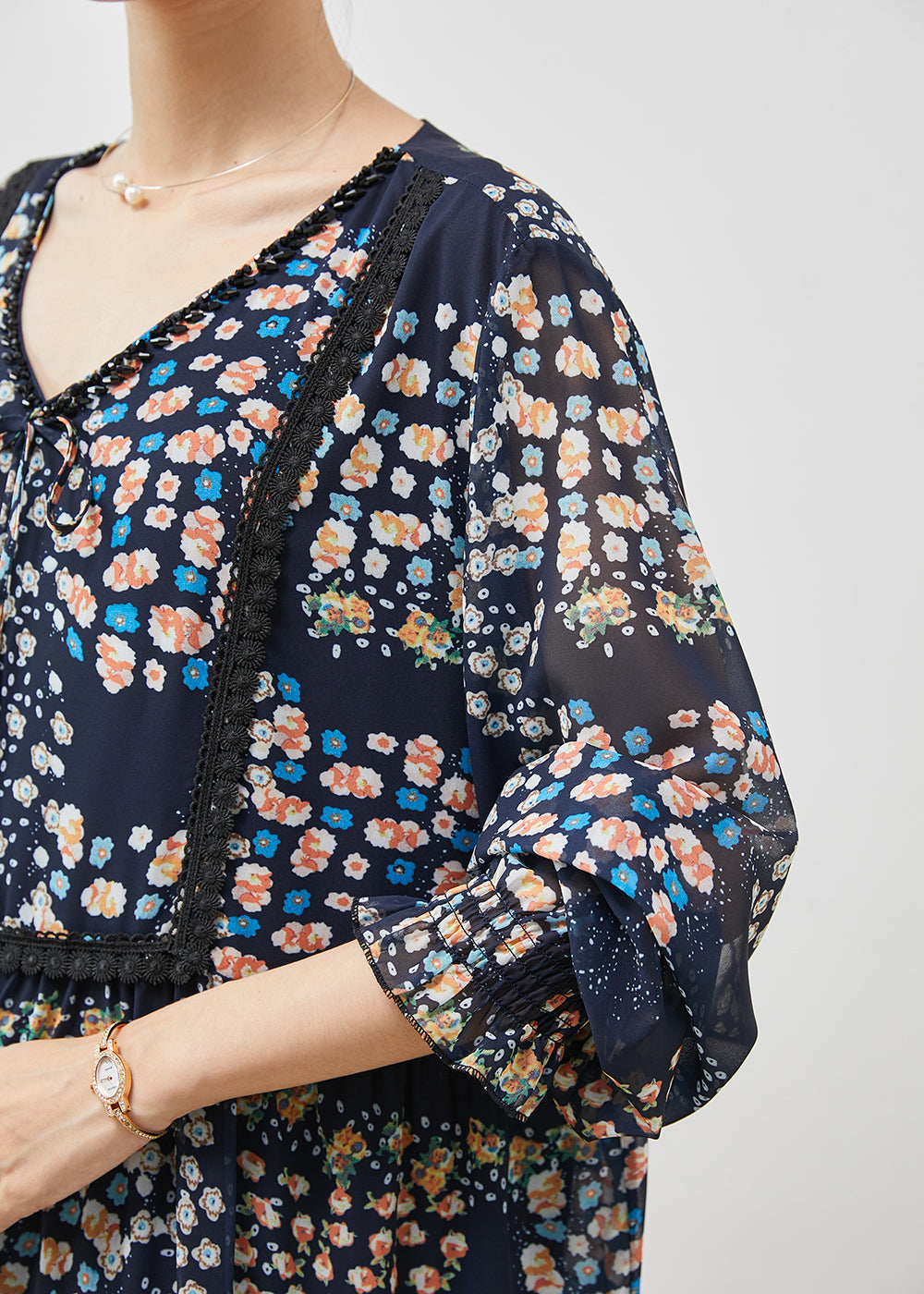 Navy Oversized Print Chiffon Mid Dress Summer