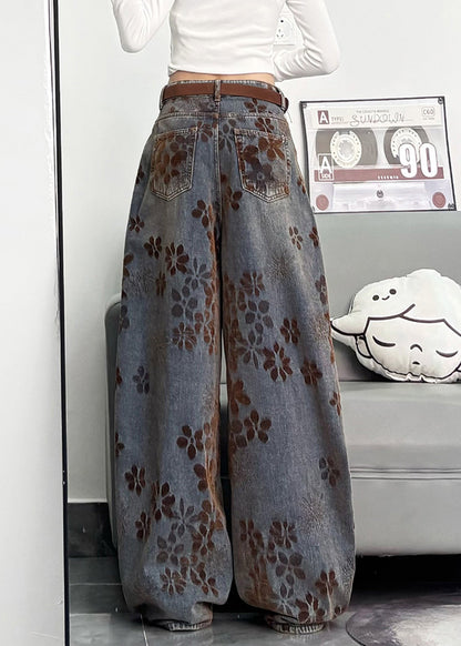Navy Oversized Print Denim Pants Spring