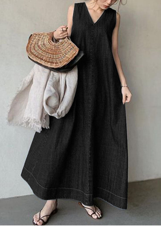 Navy V Neck Cold Shoulder Cotton Denim Dress Sleeveless