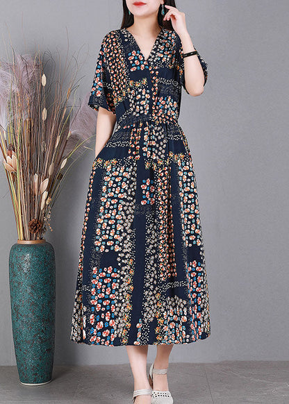 Navy V Neck Print Drawstring Silk Long Dress Short Sleeve