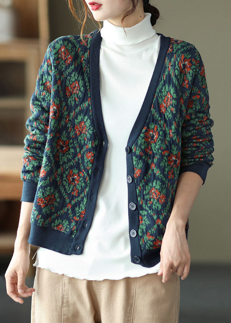 Navy V Neck Print Knit Cardigan Winter
