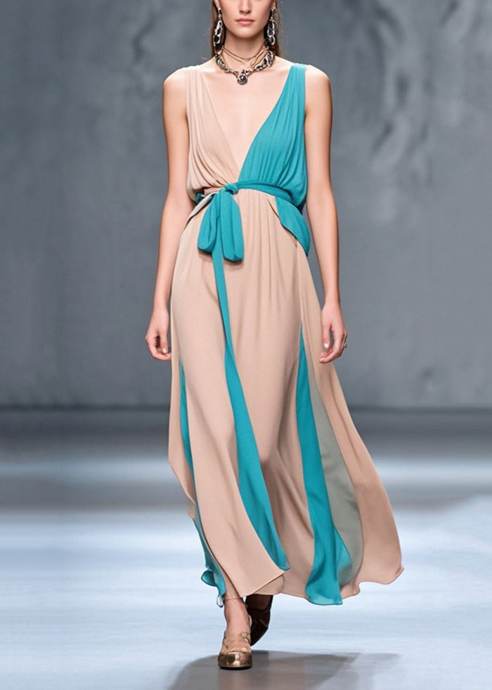 Nude Asymmetrical Patchwork Chiffon Maxi Dress Summer