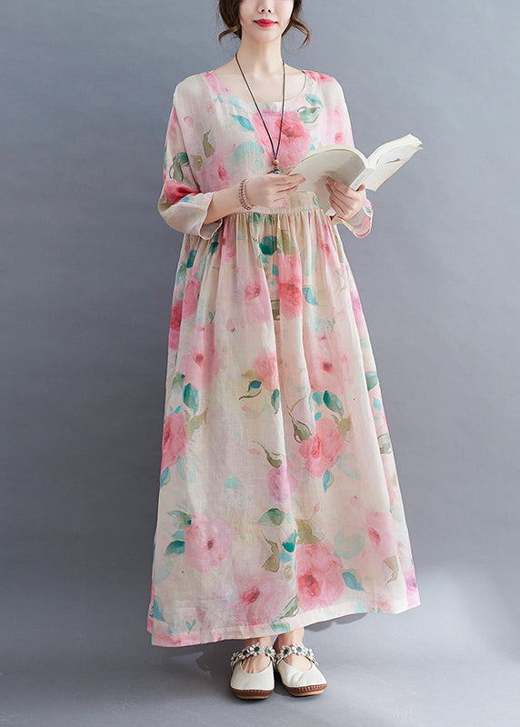 O-neck Cinched Print Vacation Dress Three Quarter Sleeve